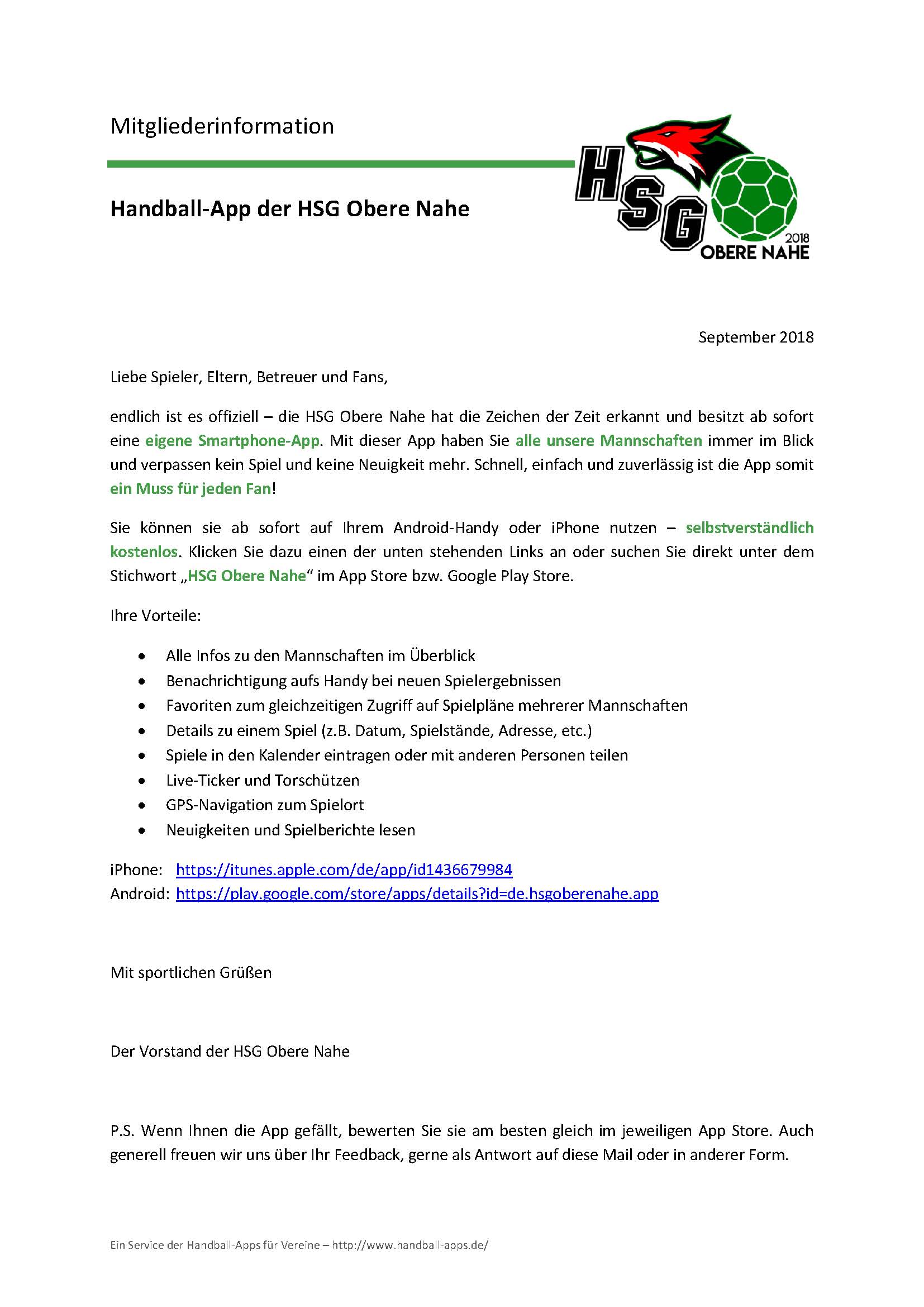 Mitteilung an Mitglieder HSG