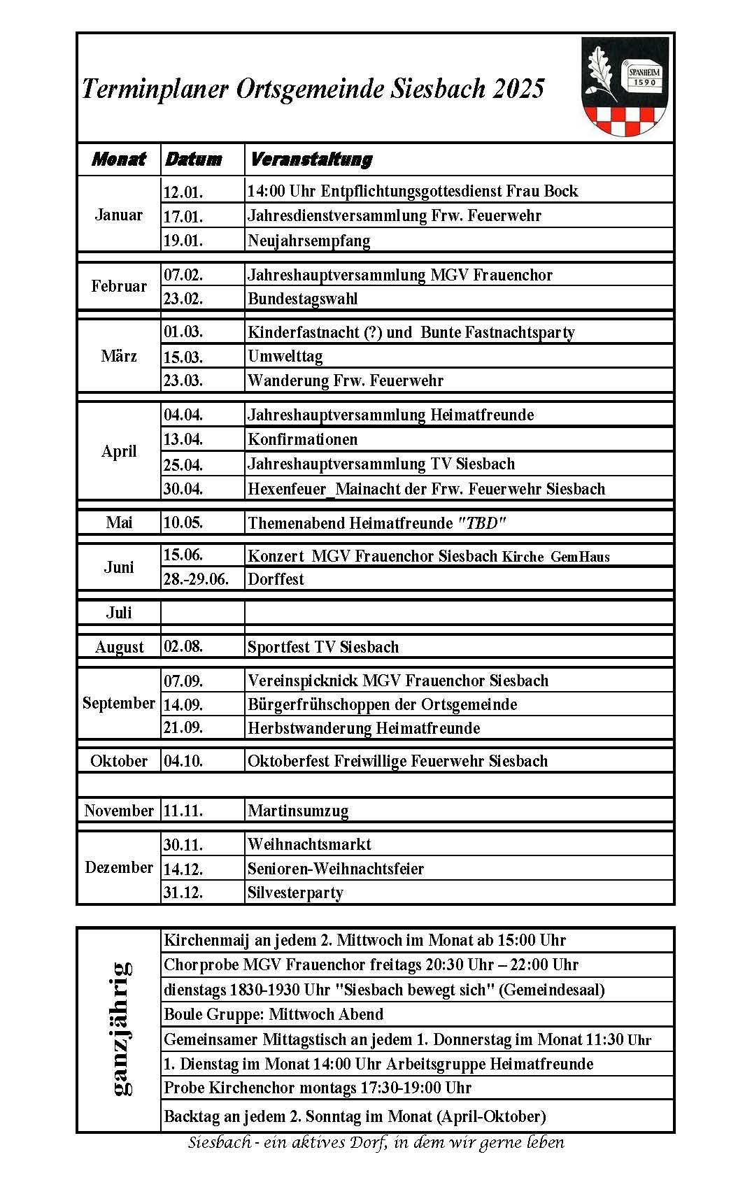Terminplaner Nationalparkgemeinde Siesbach 2025