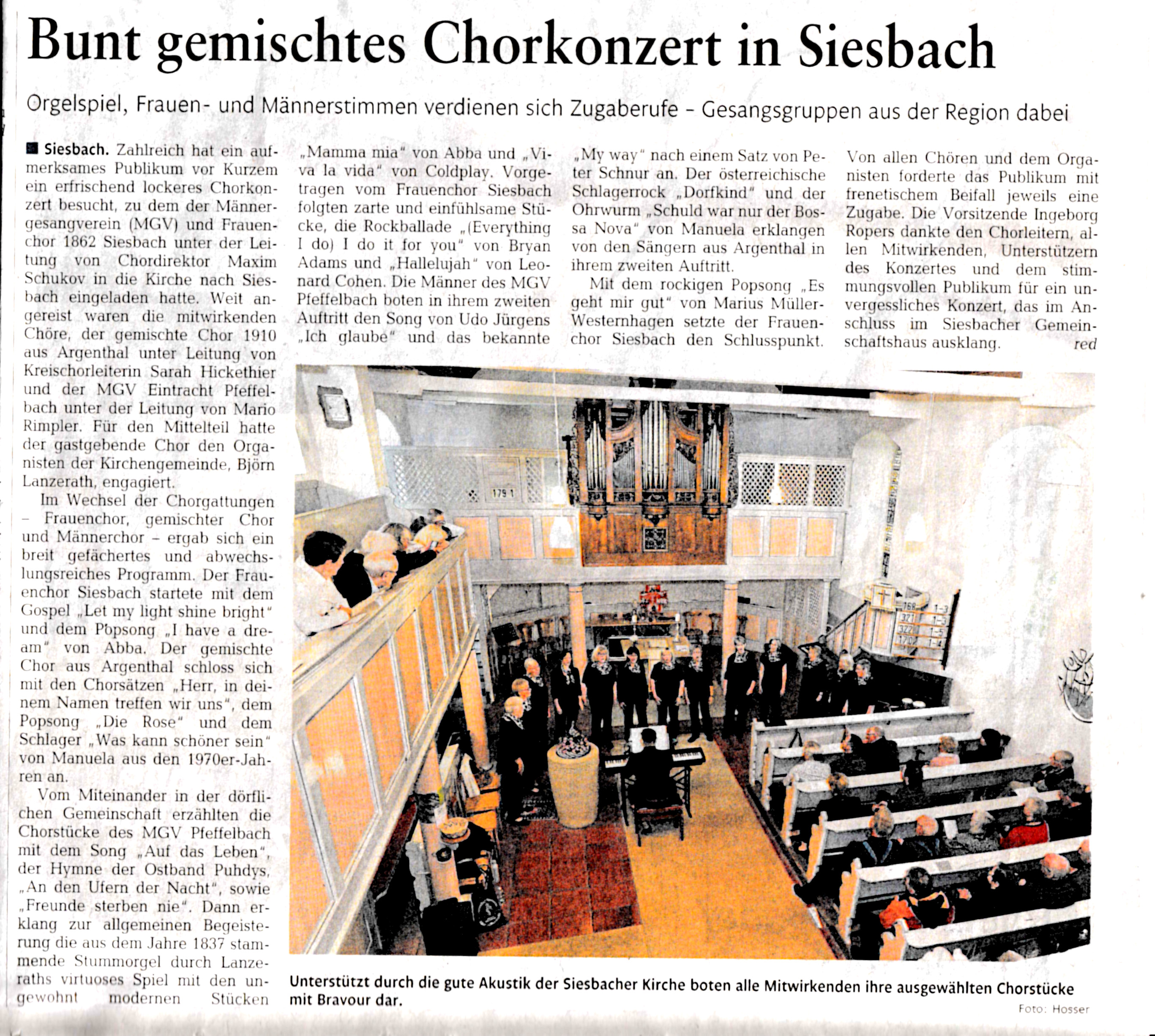Chorkonzert Kirche Siesbach 14.06.2026 Bericht 