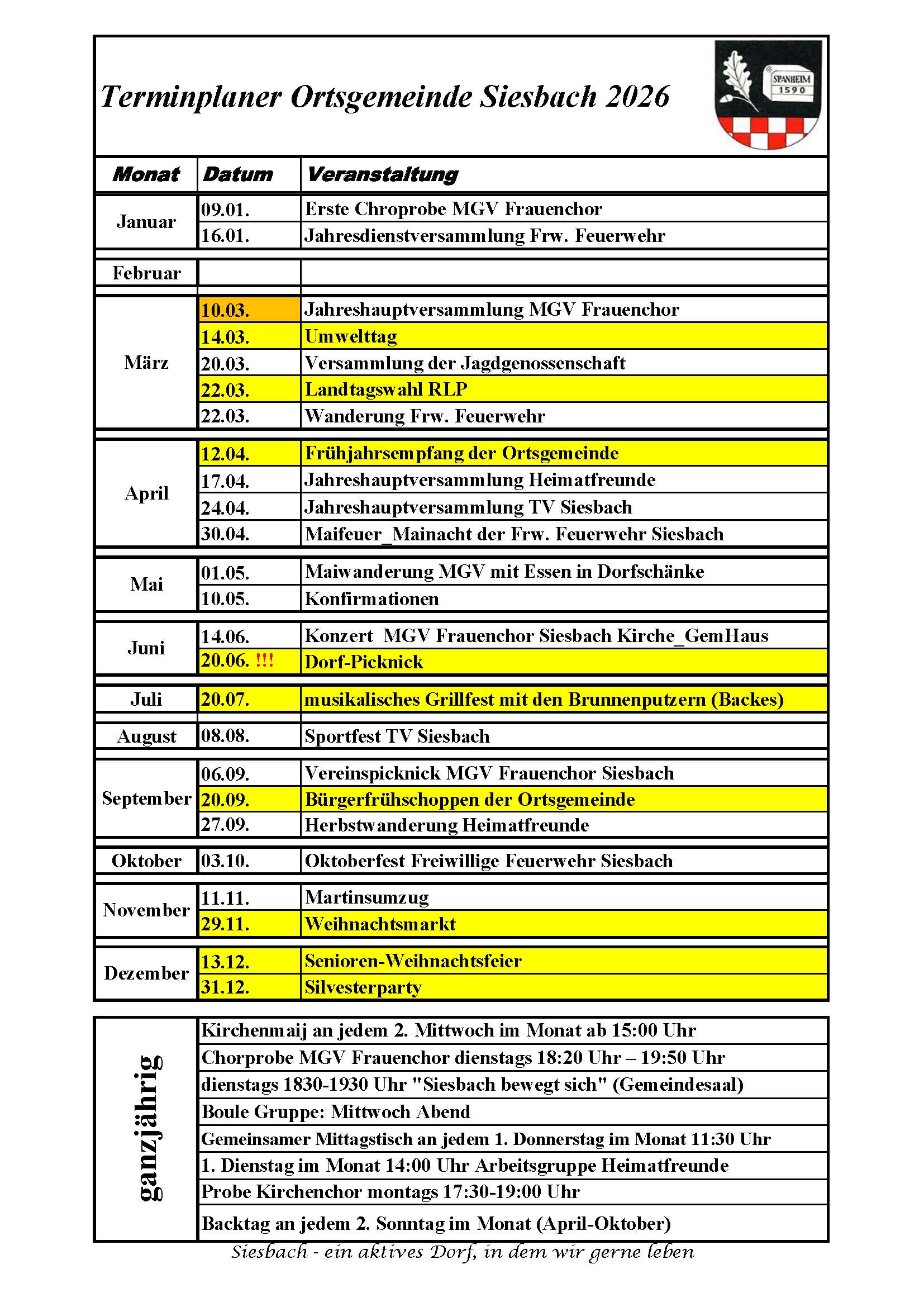 Terminplaner Gemeinde Siesbach 2026